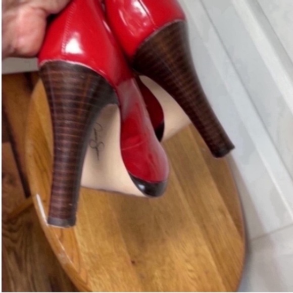 Jessica Simpson Red High Heels Peep Toe Platform Shoes Patent Leather Christmas - Picture 9 of 16